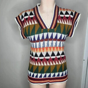 Vintage 1970's Sweater Story Vest Cardigan V Neck Womens Size Small Colorful